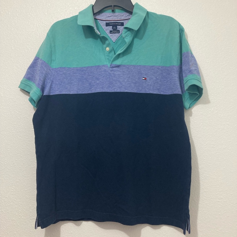 VINTAGE Tommy Hilfiger Men’s Polo Shirt Aqua Blue White Stripes Size Large